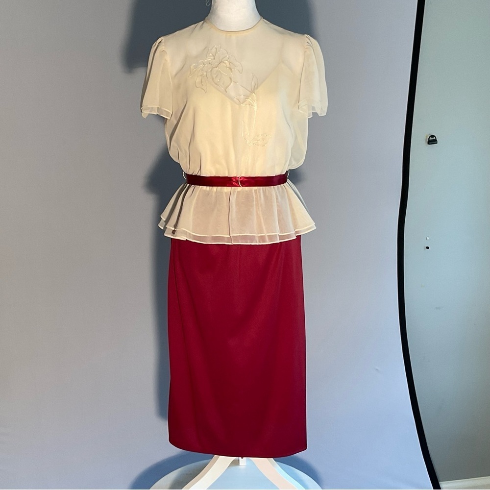True Vintage 1980s Sheer Embroidered Church Dress with Ribbon Sash - Picture 13 of 16